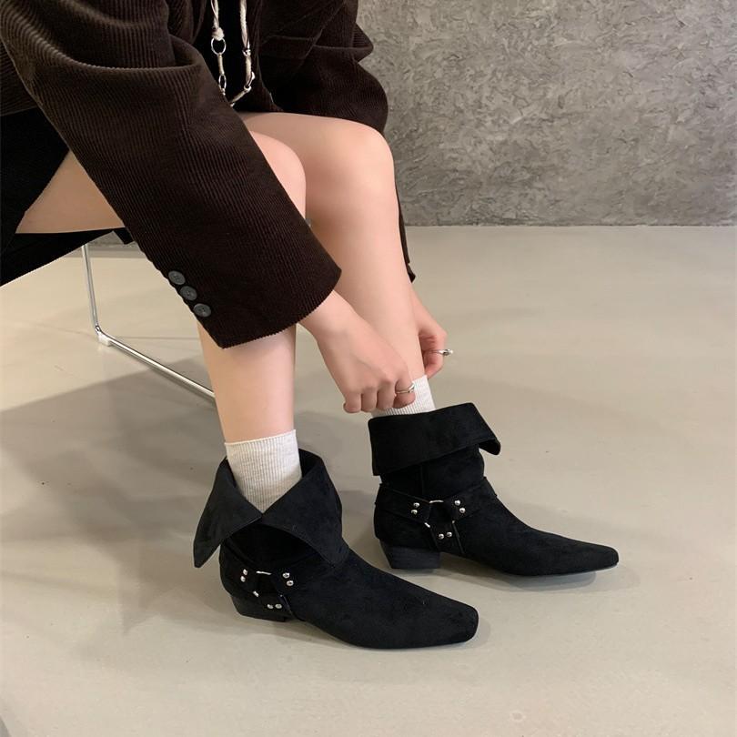 French fashionable design belt buckle thick heel thin boots women's autumn and winter outer wear commuting versatile one-pedal short boots
