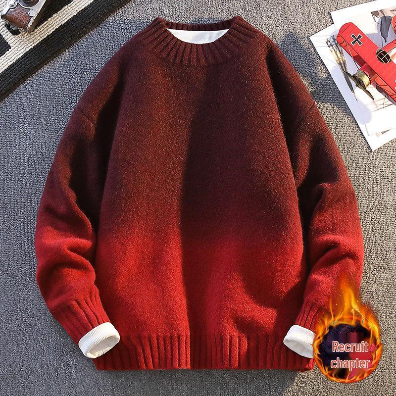 2025 Men s Autumn/Winter Casual Knit Sweater – Round Neck, Plus Velvet Base Layer 170