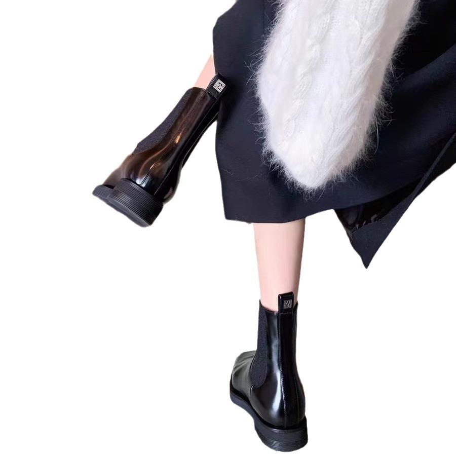 Grape Mother of the Same Style, British Temperament Square Head Chelsea Boots Thick Heel Thick Sole Leather Short Boots Women's 2025 Autumn and Winter