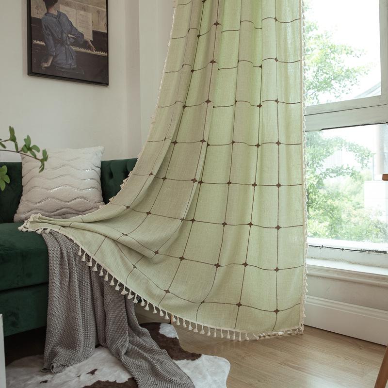 Grey Curtain Finished Product Embroidery Cotton And Linen Solid Color Plaid Coffee Insulation Living Room Kitchen Set Rod Partition Curtain