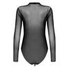 Body Manches Longues Femme Design Transparent Col Rond Maillot de Corps Haut Décolleté Vêtements de Nuit Lingerie
