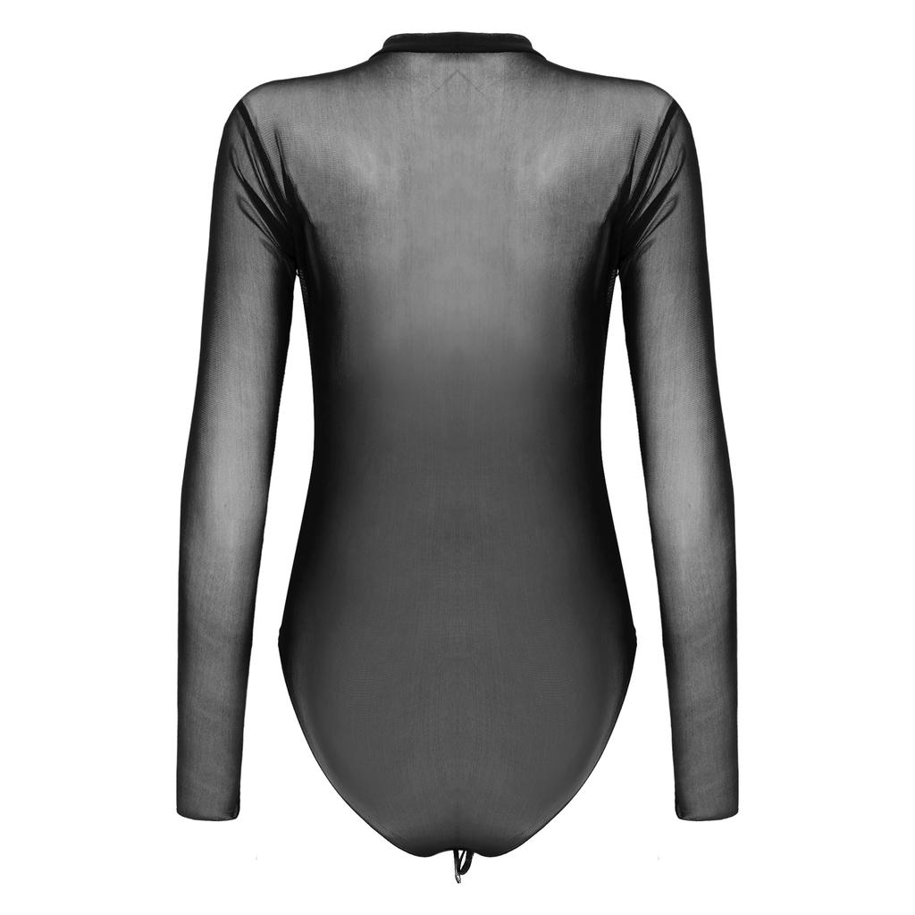 Body Manches Longues Femme Design Transparent Col Rond Maillot de Corps Haut Décolleté Vêtements de Nuit Lingerie