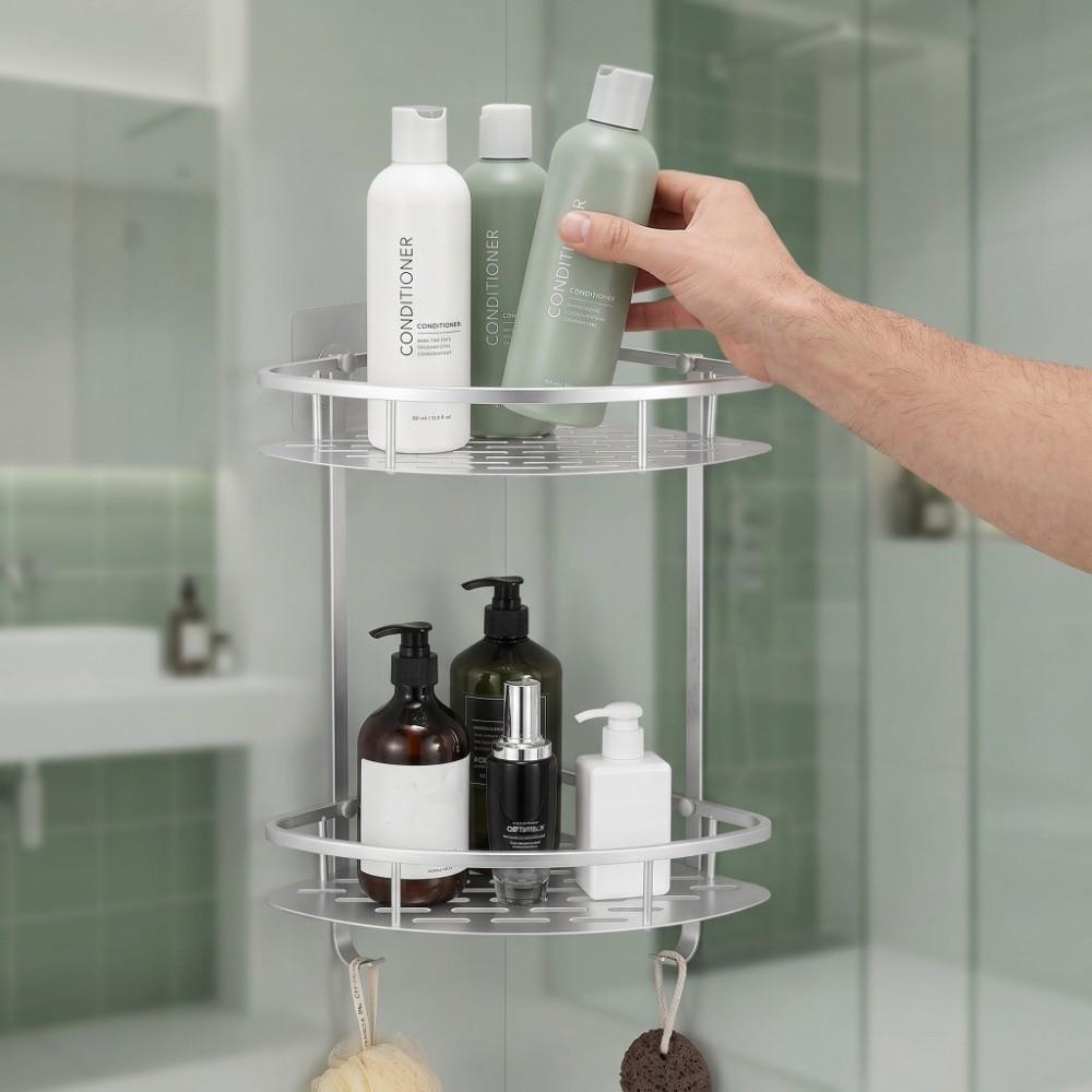 Two Layer Corner Shower Shelf Silver Bathroom Corner Shelf Durable Shower Shelf Rack  Household Use