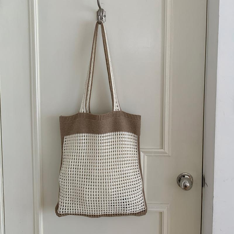 Simple Women's Vacati Beach Shoulder Bag Hollow Knitted Female Travel Tote Handbags Ctrast Color Portable Shopping Bags