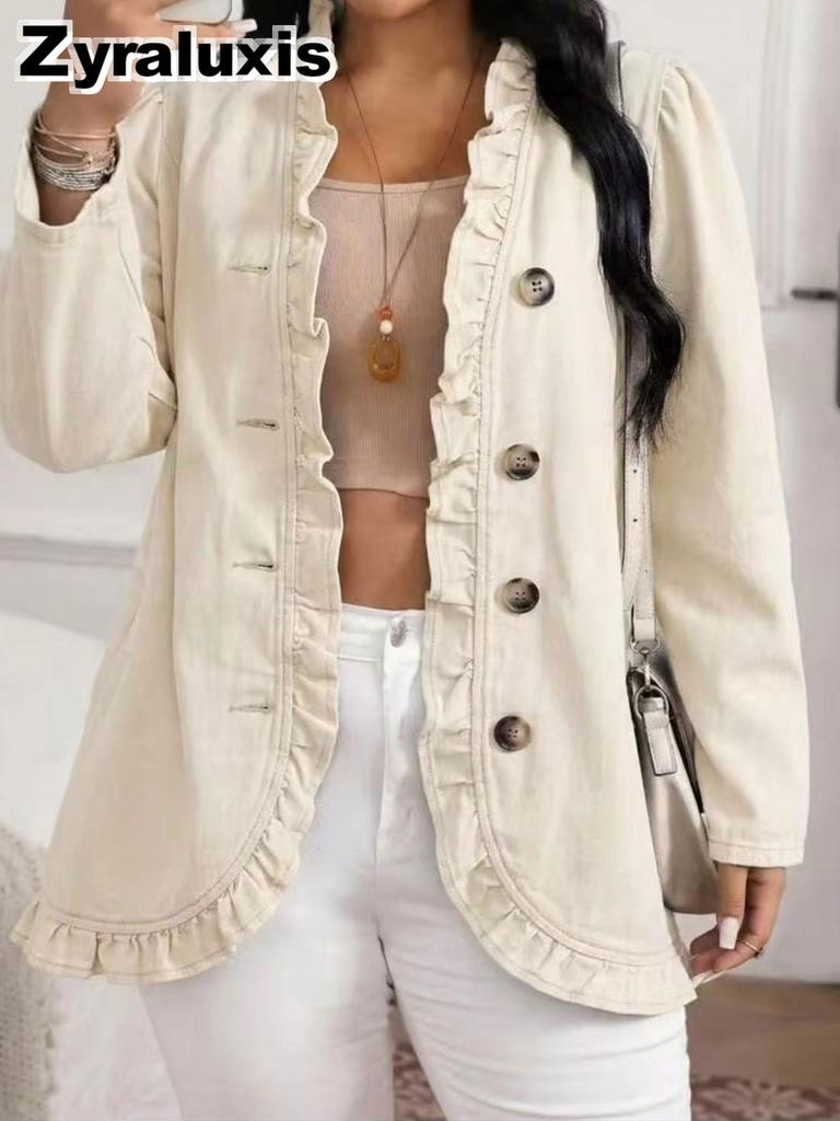 Veste en jean bleu marine à bords volantés pour femme, col montant, un bouton, manches longues, coupe ajustée, style français