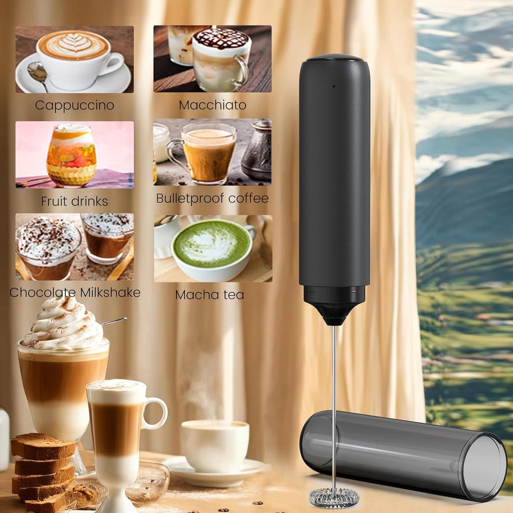 Wiederaufladbarer Milchaufschäumer Handheld mit Deckel Elektrischer Hand-Schaumschläger Tragbare Getränkemischer für Matcha, Lattes und Cappuccino, Schwarz