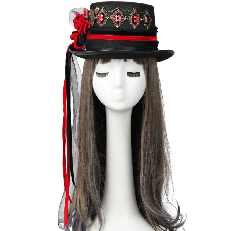 Halloween Hat with Ribbon Top Hat Steampunk Costume Accessories Cosplay Prop for Men Women Vintage Hat