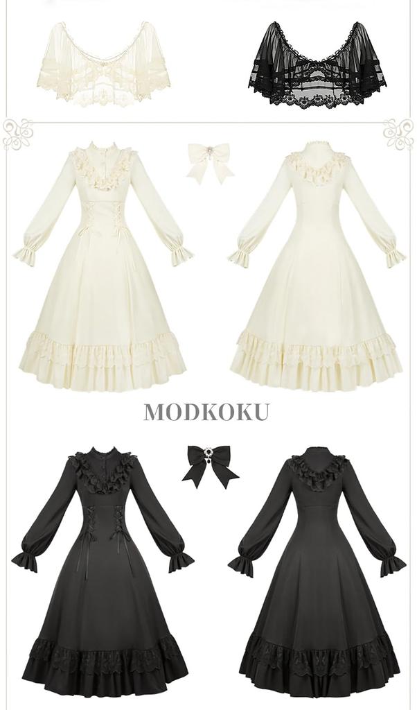 MODKOKU Gothic Lolita Neat and Ribbon Waist Ruffled Long Girly Halloween Long Size XL Cape-Style Dress, Women's, Style, Clean, Lace, Lace-Up Dress,