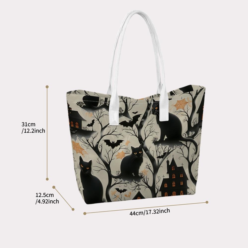Halloween Themed Tote Bag Black Cat Bat Spooky House Printed Portable Casual Outdoor Handbag