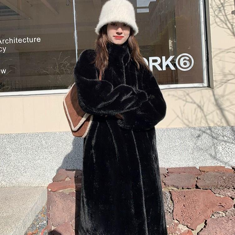 Winter Thick Long Stand Collar Loose Mink Fur Coat Women Casual Outerwear
