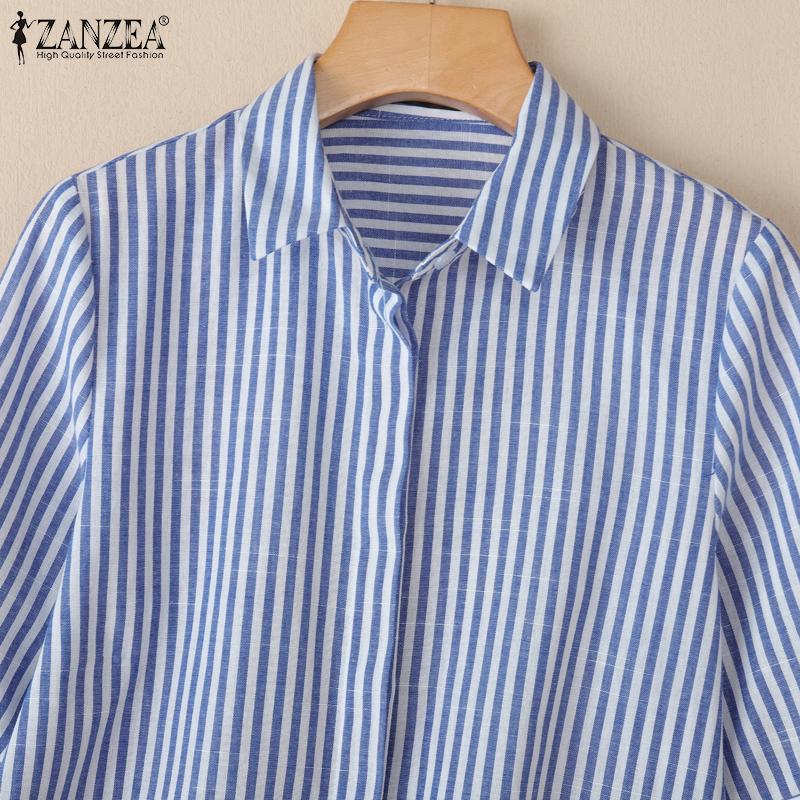 ZANZEA Women Casual Turn Down Collar Loose 3/4 Sleeve Stripe Blouse