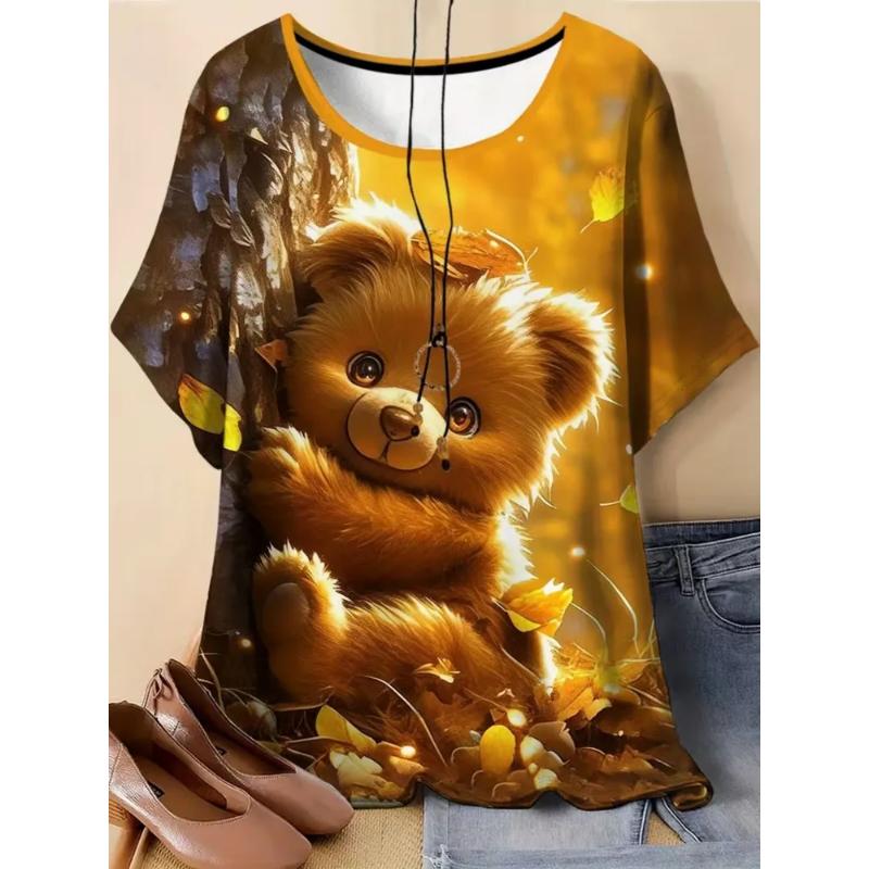 Fashion Women's Crew Neck Short Sleeve 3D Animal Color Printing Animal Short Sleeve Crew Neck T-Shirt