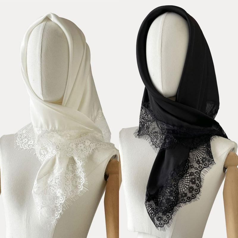 Satin Lace Trim Triangle Hijab Scarf Soft Silky Headscarf Floral Lace Edge Shawls Muslim Women Head Wrap Bandana Hair Scarf