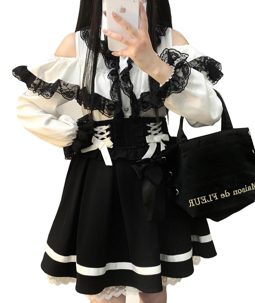 Cute Removable Long French Student White [XHSUKADO] Open-Shoulder Blouse, Mass-Produced Style, Women's, 2-Layer Lace, Ruffles, Ribbon, Pearl, Sleeve,