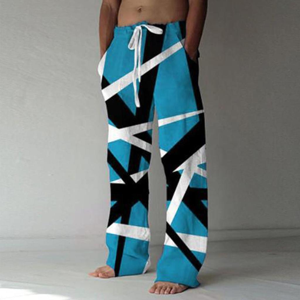 Men's Loose Casual Color Cotton Linen Trousers Elastic Tie Printed Straight Pants