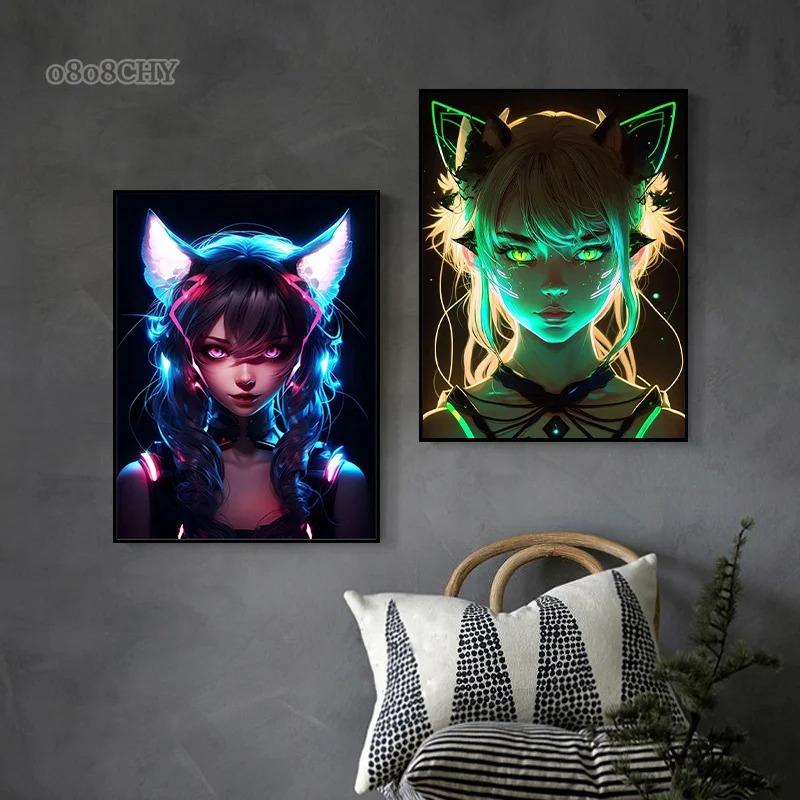 Neon Anime Cat Girl Posters Prints Canvas Painting Manga Neon Canvas Wall Art Pictures for Modern Home Girl Bedroom Game Decor