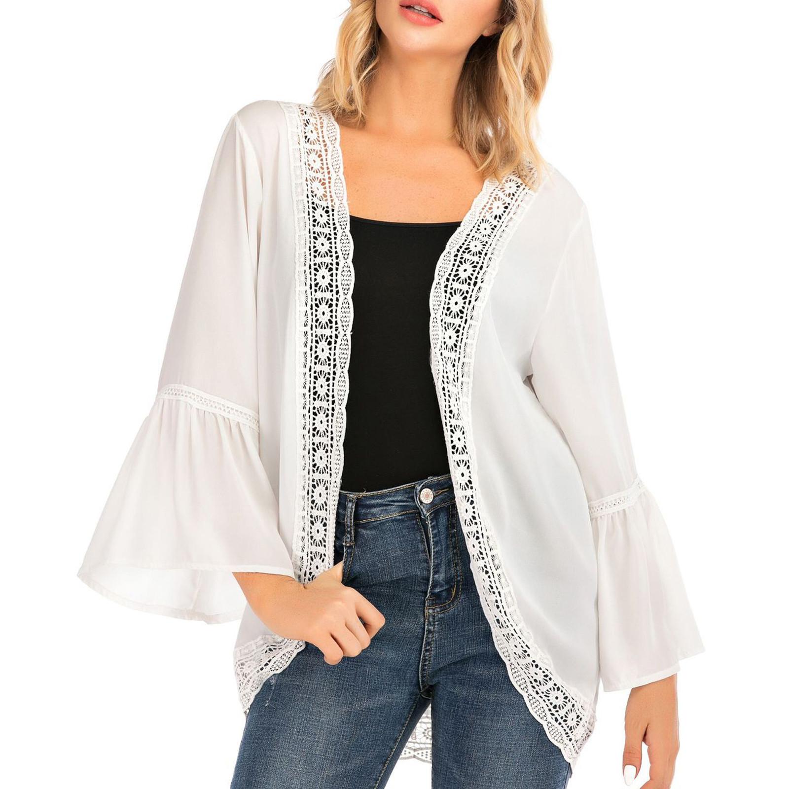 

Женский повседневный однотонный кружевной шифоновый кардиган с длинным рукавом, свободная блузка-кимоно, топы XL белый