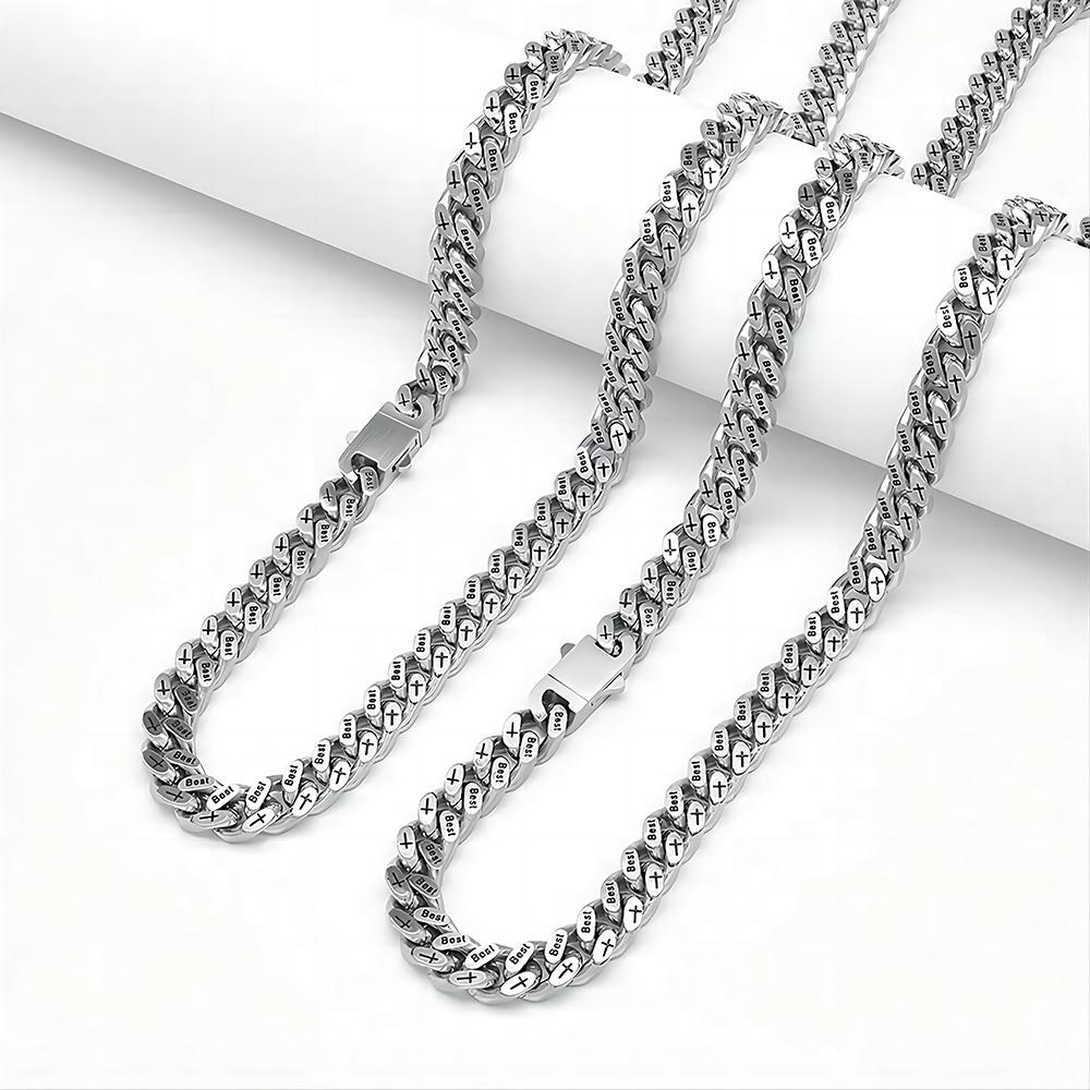 Hip Hop Titanium Steel Engraving Cuban Necklace Men's Brushed Necklace Stainless Steel Four-Sided Grinding Denim Chain Figaro Necklace