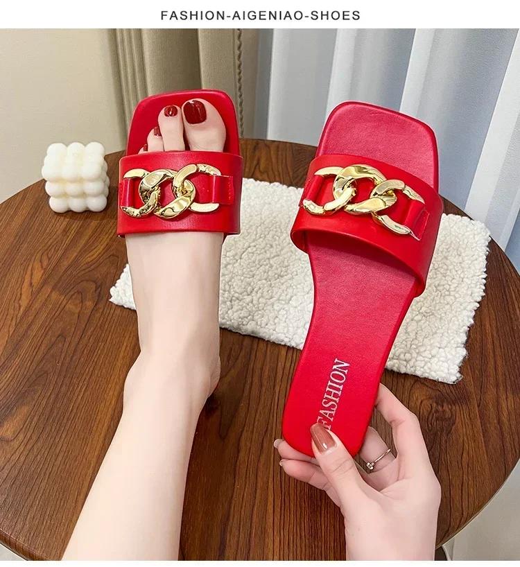 Summer Fashion Modern Slippers Women Flat Pleated Solid Leather Chain Decoration Rubber Sole Sexy Slides Ladies Summer Footwear