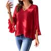 Women's Loose Fit V-Neck Blouse with Ruffle Sleeves and Asymmetrical Hem Color Casual Top