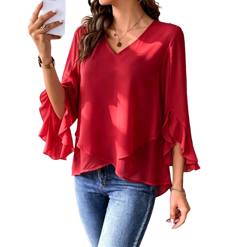 Women's Loose Fit V-Neck Blouse with Ruffle Sleeves and Asymmetrical Hem Color Casual Top