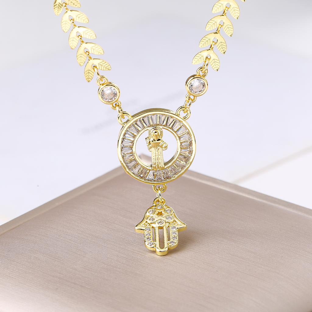 Our Lady of Guadalupe Hamsa Hand Stainless Steel Chain Necklace Gold Plated Zircon Religious Zircon for Women Charm Amulet Gift