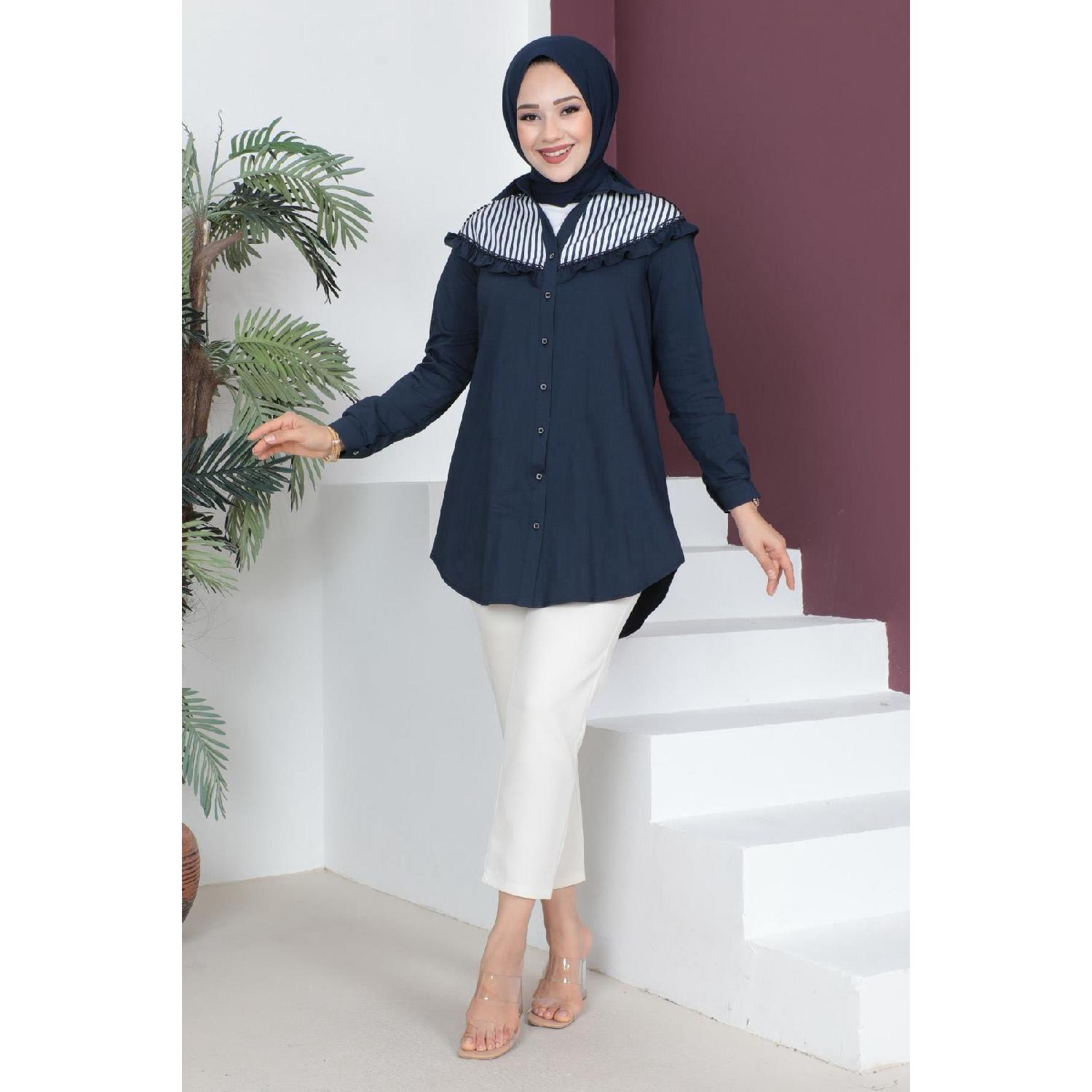 

Длинная рубашка с рюшами и рюшами, темно-синяя 6065