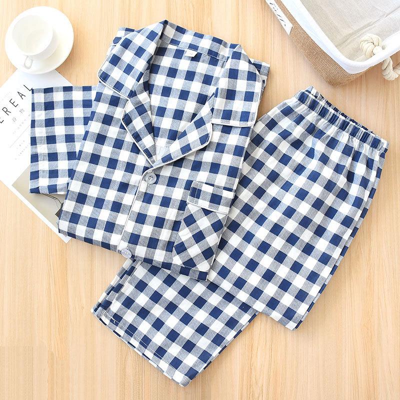 Spring and Autumn new double-layer gauze short-sleeved trousers set couple plaid shirt set loungewear straight hair