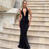 Amazon's New European and American Cross-Border Style Halter Neck Deep V-Neck Long Dress, Elegant and Sexy Backless Ruched Dress