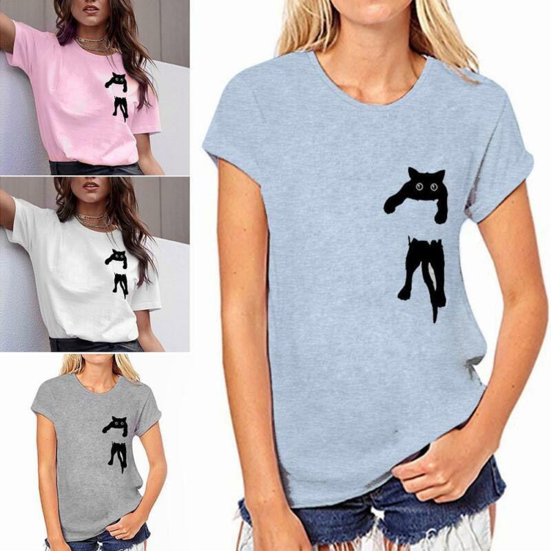 Solid Women Simple Cat Tshirt Loose Short Sleeve Casual Simple Pullover Tops