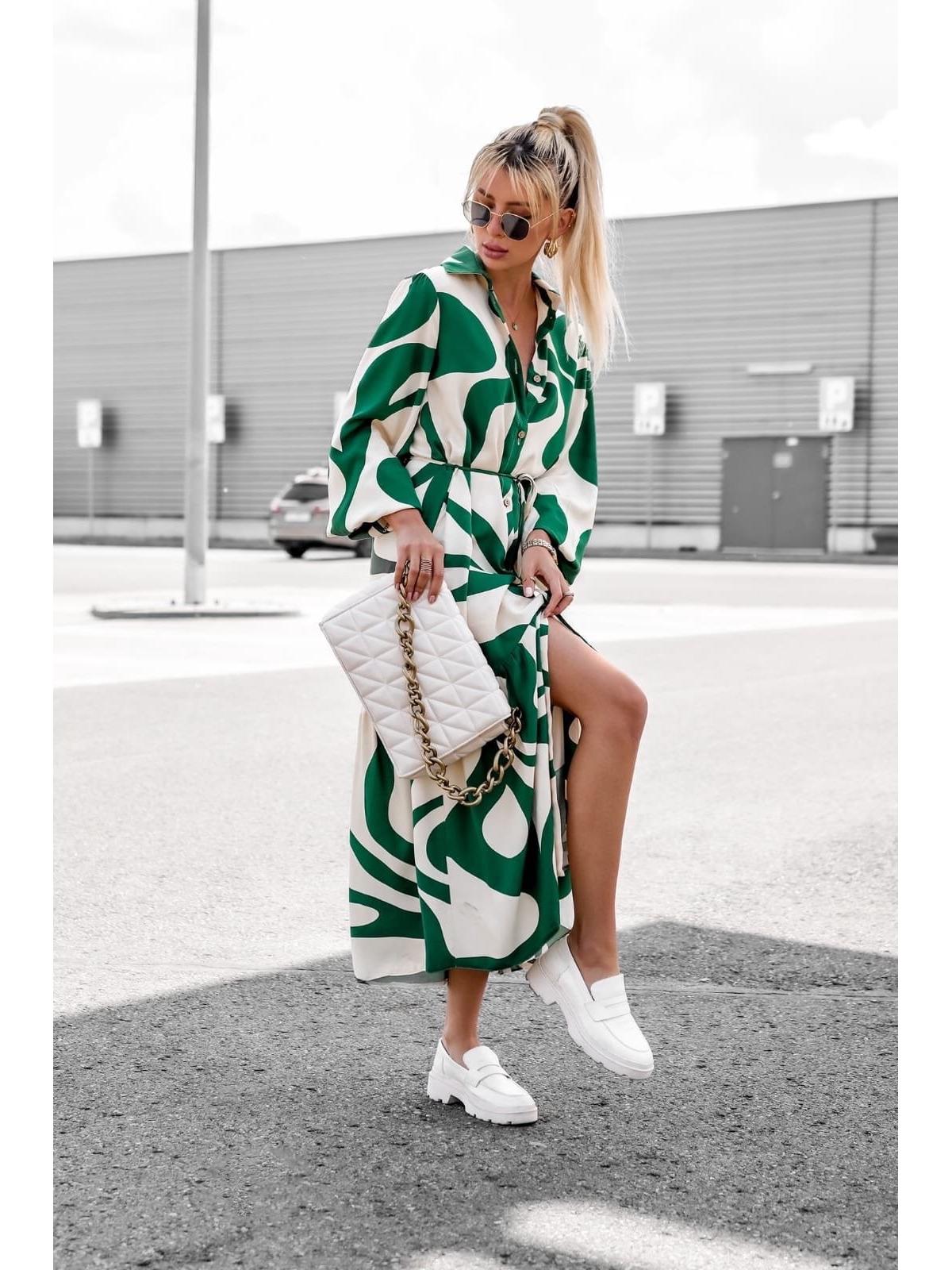 2025 European & American Spring/Autumn Fashion Print Long Shirt Dress with Tie-Up and Pockets S