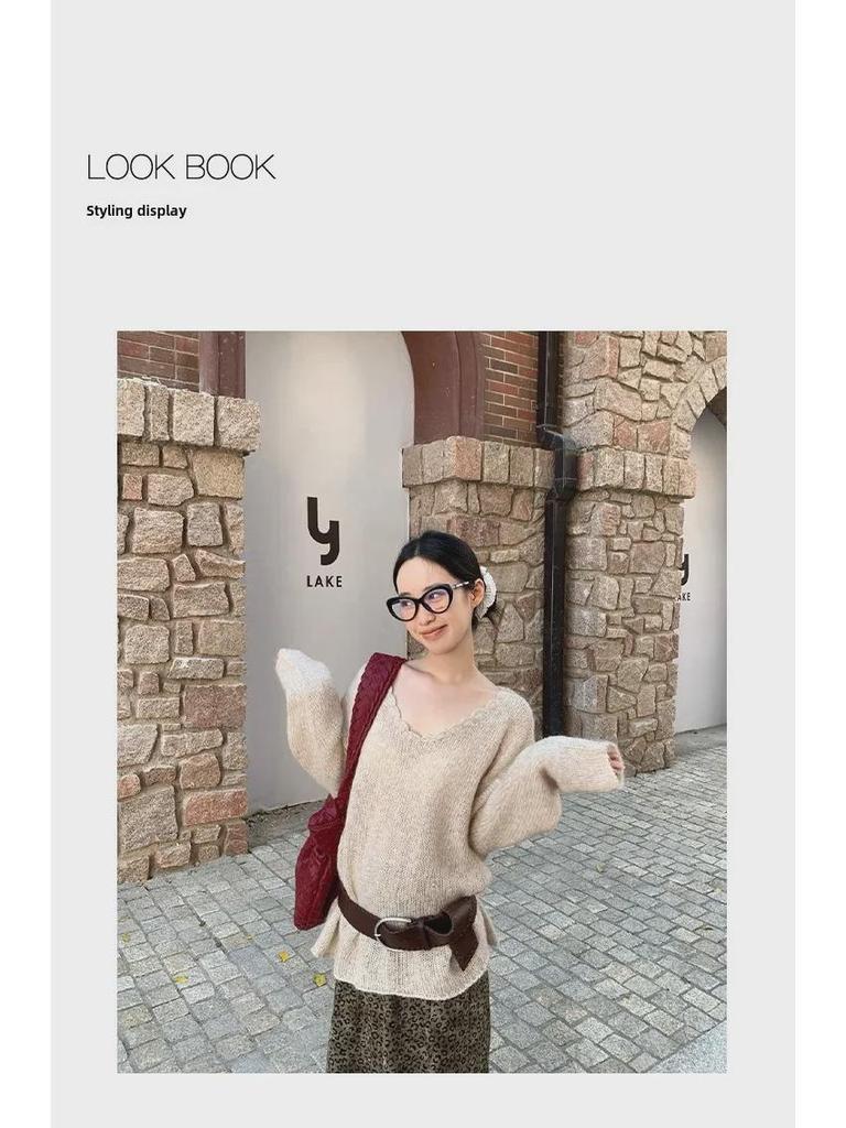 NEWOPEN 2024 Winter Maillard Korean Loose V-Neck Commuting Pullover Sweater F2335 for Women