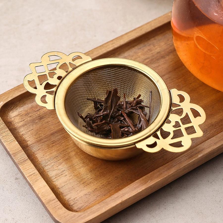 1pc Stainless Steel Tea Filter Gold Household Tea Strainer with Chassis Tea Partition Filter Double Ear Tea Filter