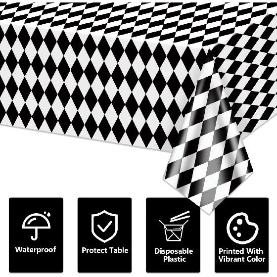 4 Pack Black and White Checkered Tablecloths, Plastic Gingham Table Cover Alice Tablecloths for Racing Theme, Halloween, Wonderland Party, Classic