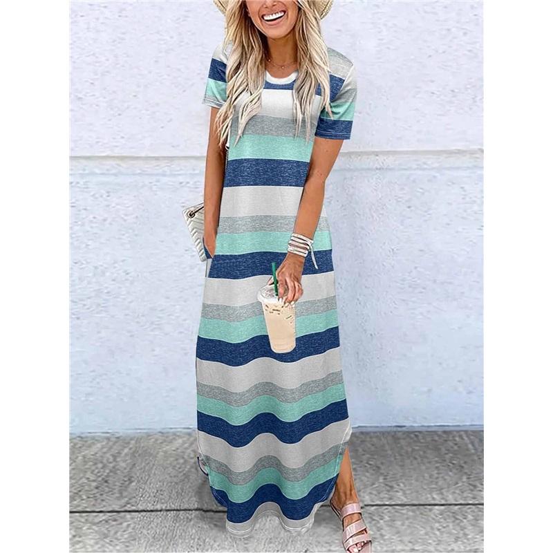 Women Short Sleeve Long Dress With Pockets Casual Oversized Round Neck Beach Dress Female Split Loose Fit Summer Dress Vestidos
