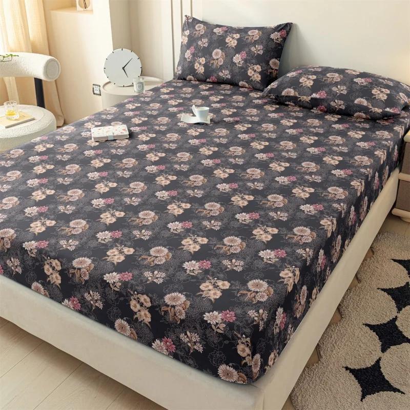 1pc Brushed Floral Print Polyester Fitted Sheet With Elastic Bands Non-Slip Mattress Cover for Single Double King Bed 153*203cm