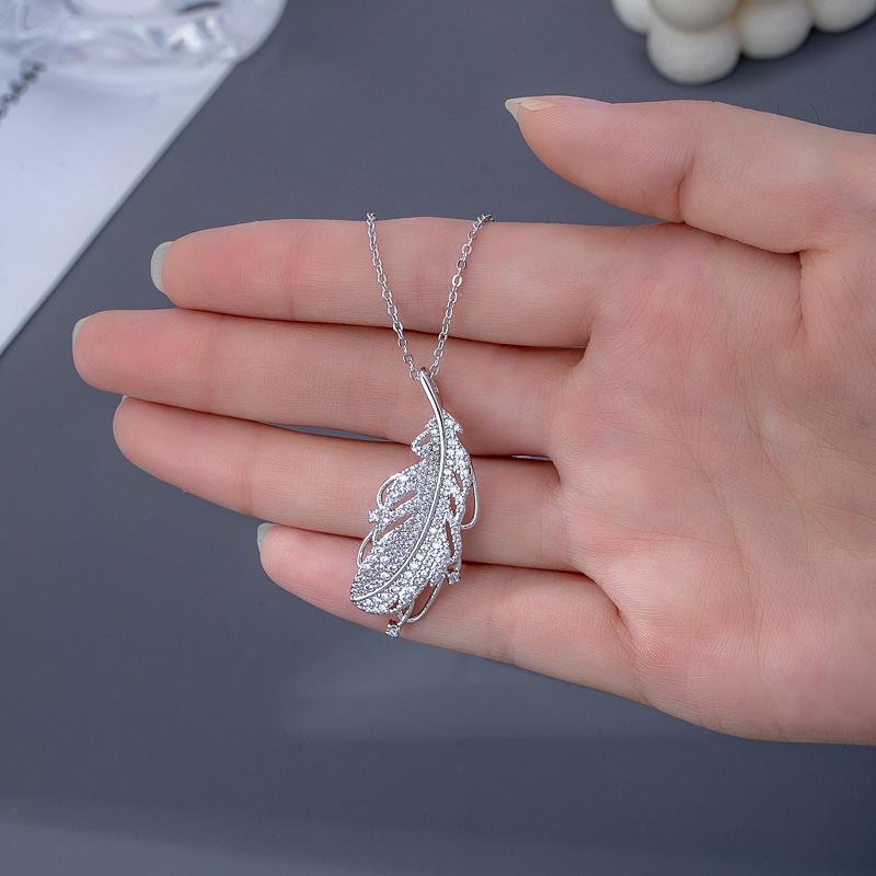Internet celebrity explosion exquisite full diamond set zirconium feather necklace light luxury niche women versatile temperament pendant collarbone