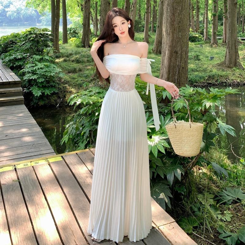One-word Shoulder Dress Women's Summer New White Long Dress Lace Splicing Holiday Skirt