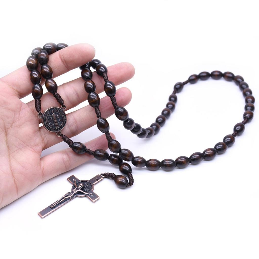 Exquisite Wooden Rosaries with Cross Pendant Religious Jewelry Necklace for Men and Women