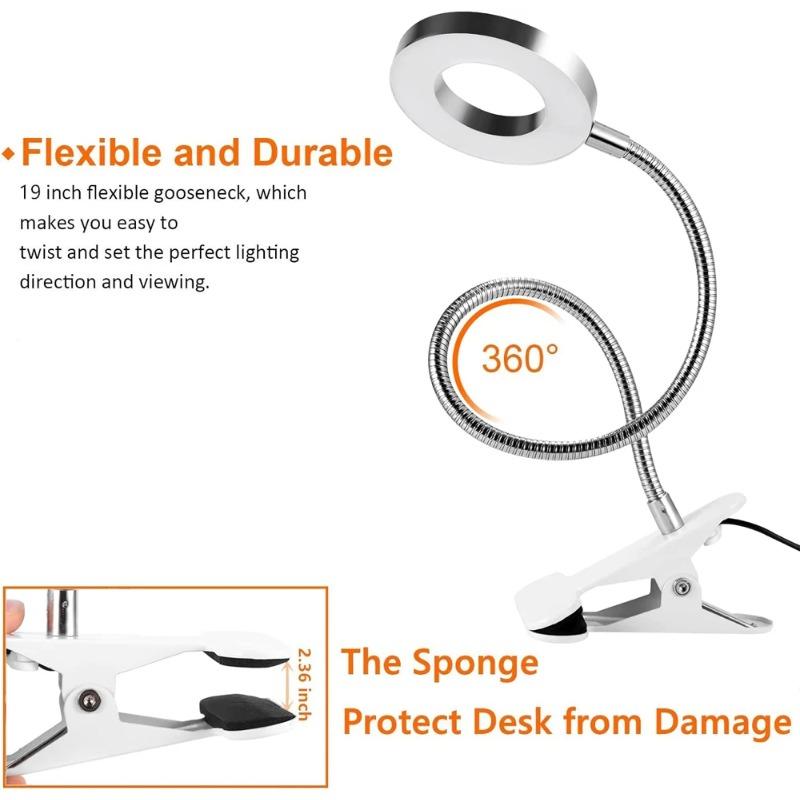 Flexible Gooseneck LED Reading Book Light with Clamp, 3 Color Temperature Circular Night Lamp for Bedside Travel Office