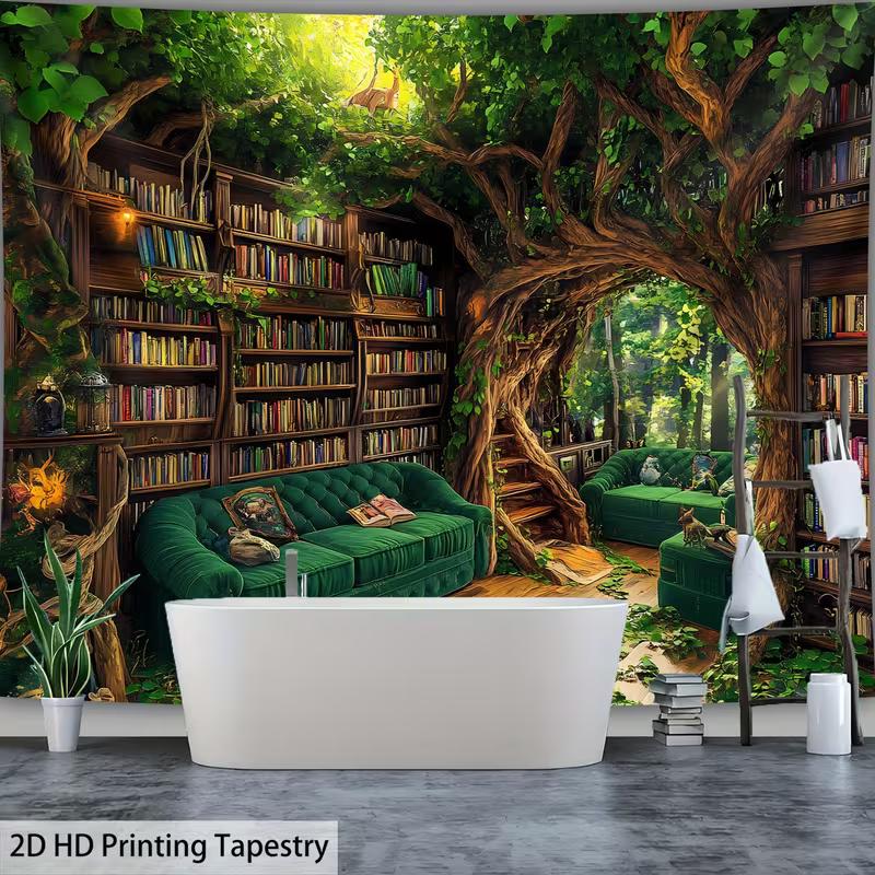 2D Magical Treehouse Library Tapestry Enchanted Forest Reading Nook Wall Hanging