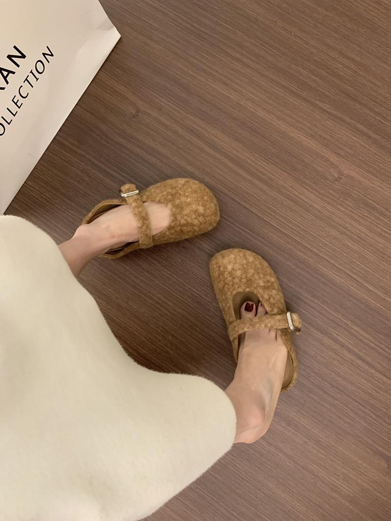 Retro Evening Wind One-word Buckle with Mary Jane Baotou Half Slippers Women's Outdoor Casual Thick-soled Felt Birkenstocks Shoes