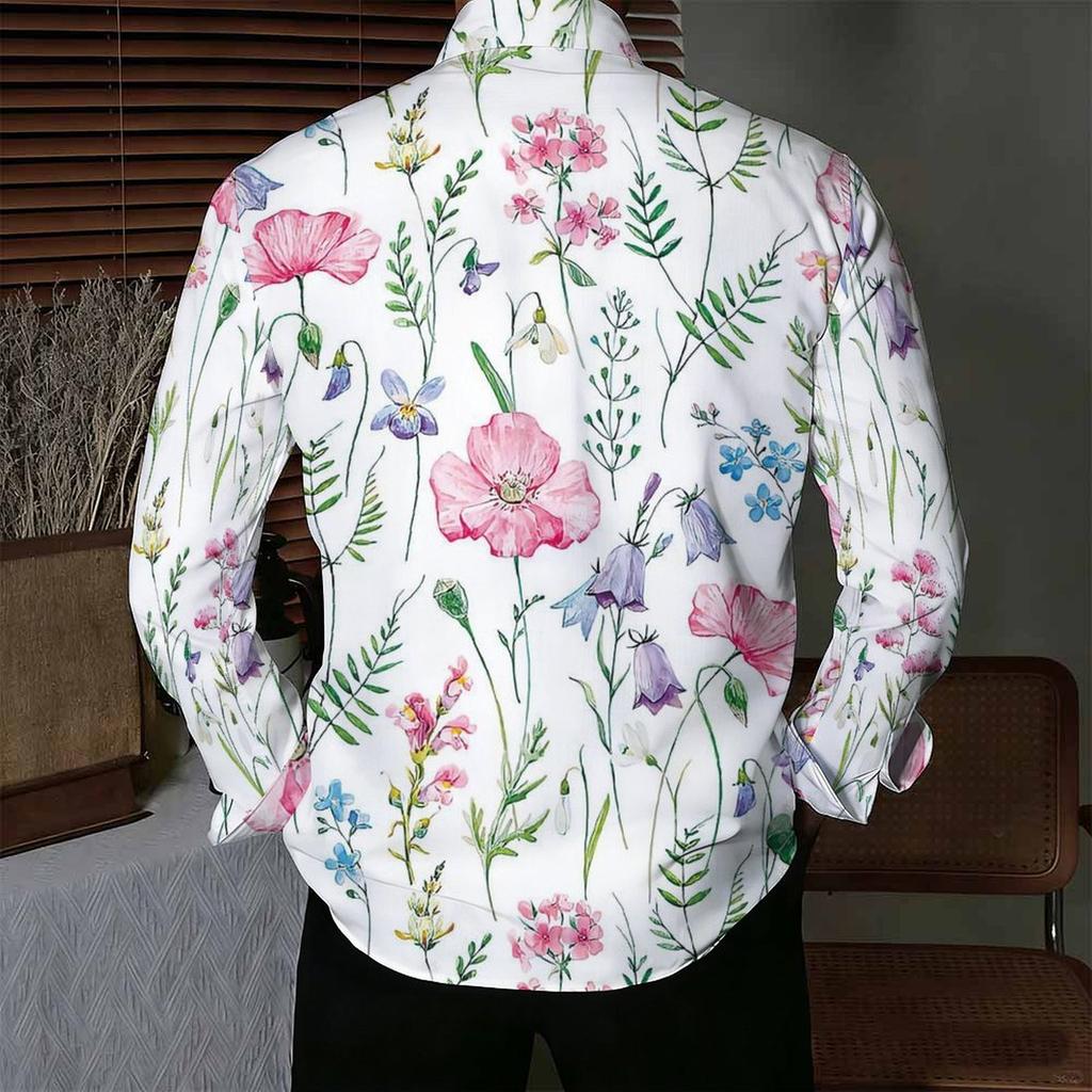 Camisa de Hombre con Cuello Estampado de Amapola Silvestre Helecho Blanco Rosa Morado Manga Larga Botones Arriba