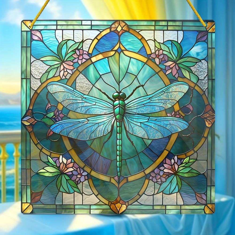 

Colored glass dragonfly window frame. Waterproof, ideal for home, garden, and office decor. чистый