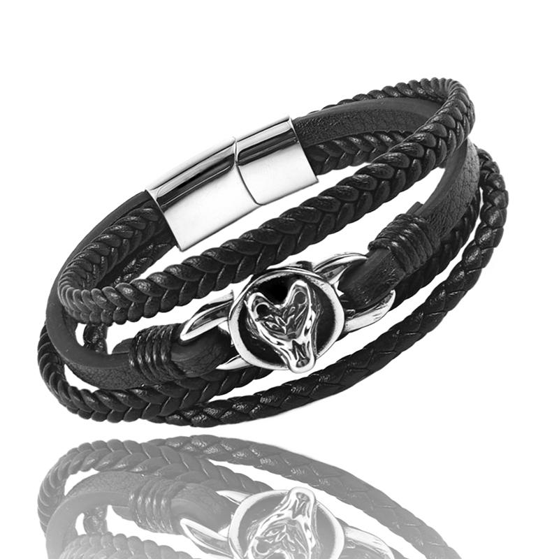 Viking Leather Magnetic Bracelet with Wolf Head Relief Design Mature Stable Elegant Suitable for Men s Stainless Steel Bracelet 20.5cm серебряный