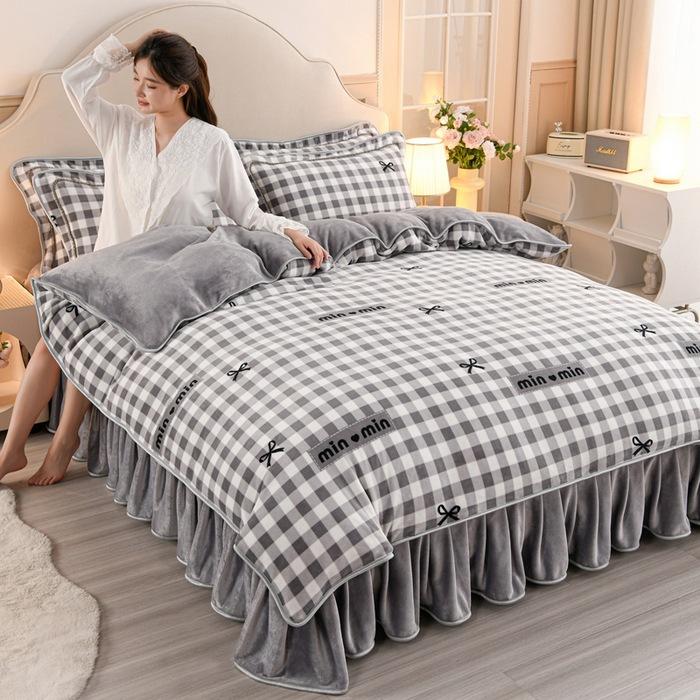 Thickened Milk Fleece Four-Piece Warm Double-Sided Coral Fleece Quilt Cover Flannel Sheet Bed Skirt Bedding