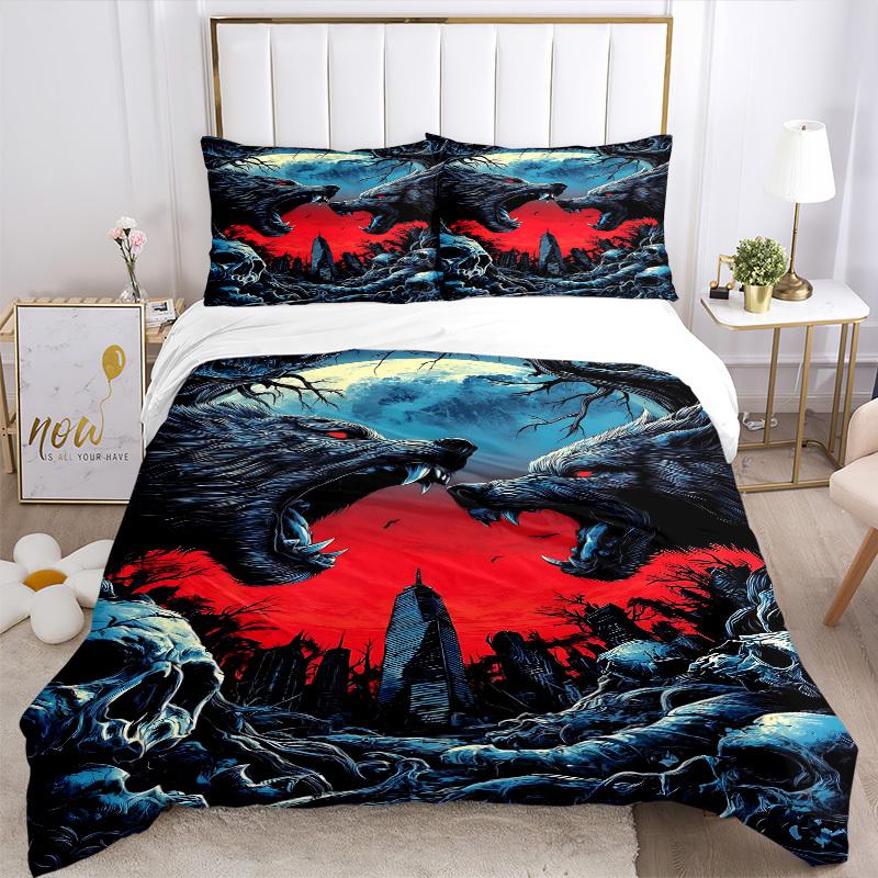 3pcs Anime Wolf Moonlight Bedding Set - Includes One Quilt Cover and Two Pillowcases (No Core) - Perfect for Bedroom and Guest Room Decorati