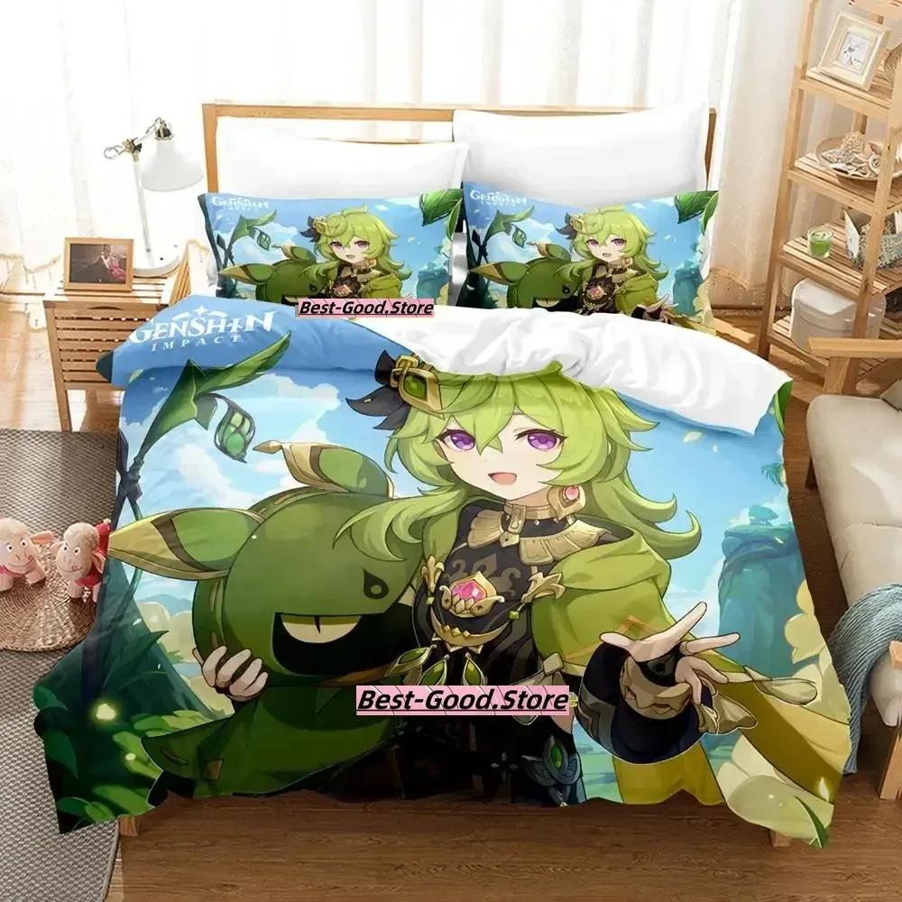 2023 New Game Collei Genshin Impact Bedding Set Cartoon Anime Three-piece Set Adult Kid Bedroom Duvetcover Sets 3D Kawaii Girl