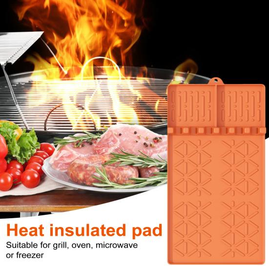 Silicone Grill Mat Heat-Resistant Multi-Slot Tool Organizer for BBQ Grilling Non-Slip Food-Grade Side Shelf Pad with Grease Drip Tray Dishwasher Safe