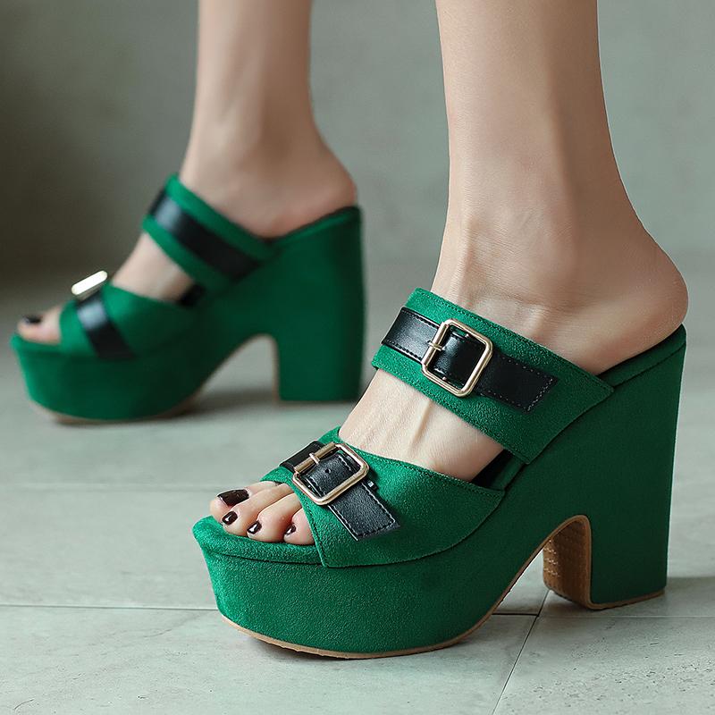 Thick High Heels Women's Slippers Platform Summer Mules Shoes Ladies Sandals Sexy Green Pink Heeled Party Shoes Large Size 43